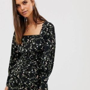 ASOS Black Floral Square-Neck Long Sleeve Dress